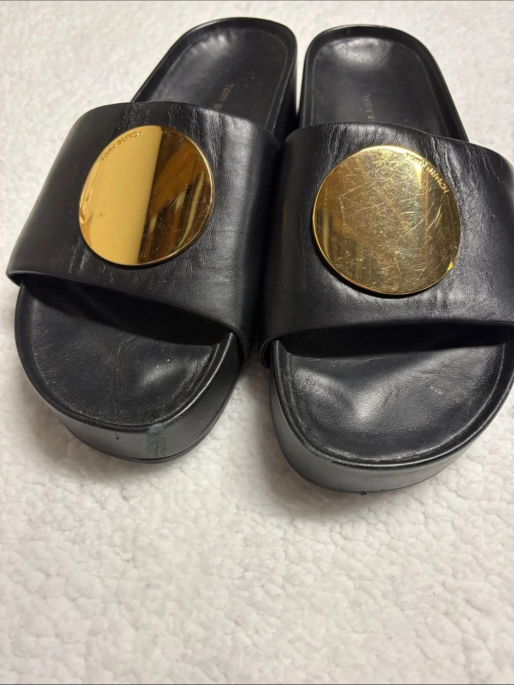 Tory Burch size 7 Black Leather Slide Sandals with Gold circle - scuffed